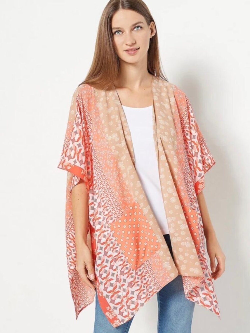 FLAW Susan Graver Coral Colorblock Woven Boho Red Floral Cardigan